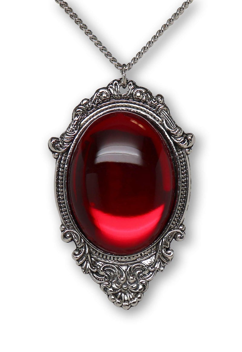 Real Metal Blood Red Cabochon in Silver Finish Pewter Frame Pendant Necklace - Image 1
